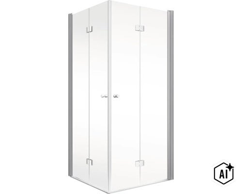 Cabine de douche d angle avec portes battantes en verre et profilés métalliques (Image AI modified or generated)