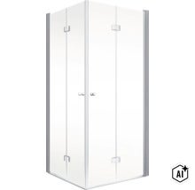 Cabine de douche d'angle avec deux portes battantes en verre et cadre métallique pour la salle de bain (Image AI modified or generated)