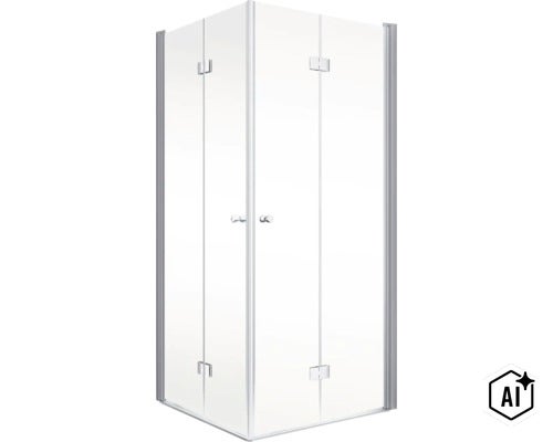 Cabine de douche d'angle avec deux portes battantes en verre et cadre métallique pour la salle de bain (Image AI modified or generated)