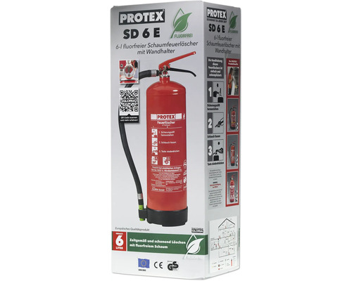 Protex SD 6 E 6 Liter Schaumfeuerlöscher fluorfrei mit Wandhalterung und Anleitung auf der Verpackung.
