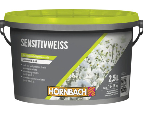 Pot de peinture murale Hornbach Sensitivweiss, 2,5 litres, peinture mate pour espace de vie, haut pouvoir couvrant, sans conservateur.