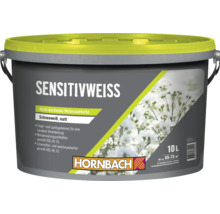Peinture murale Hornbach Sensitivweiss seau de 10 litres pour une finition interieure mate et blanc neige sans solvants ni conservateurs.