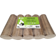 Un paquet de dix kilogrammes de briquettes de bois dur premium emballées sous film plastique.