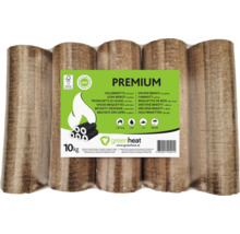 Un paquet de briquettes de bois Premium avec trou de Greenheat de dix kilogrammes, adapté aux cheminées et poêles.