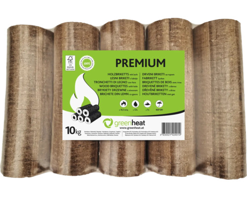 Un paquet de briquettes de bois Premium avec trou de Greenheat de dix kilogrammes, adapté aux cheminées et poêles.