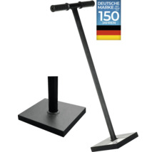 Un pilon en métal avec une plaque de base carrée et une poignée en forme de T avec des grips antidérapants, sceau de qualité marque allemande