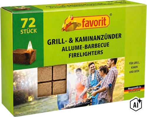 Allume barbecue et cheminée Favorit, 72 pièces par paquet pour barbecue, cheminée et four. (Image AI modified or generated)