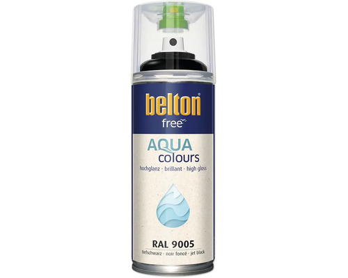 Peinture en aérosol Belton free Aqua Colours noir foncé RAL 9005 aspect brillant dans une bombe aérosol