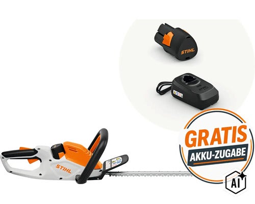 Taille haie a batterie Stihl incluant batterie et chargeur avec logo Stihl et indication offre promotionnelle batterie gratuite (Image AI modified or generated)