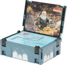 Calendrier de l'Avent Makita dans une mallette en plastique ouvrable avec un design de Noël et des illustrations d'outils électriques.