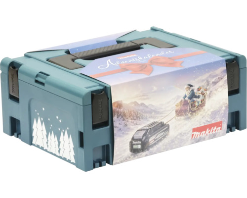 Calendrier de l Avent Makita dans une mallette à outils en plastique robuste avec motif de Noël incluant un père Noël sur un traîneau