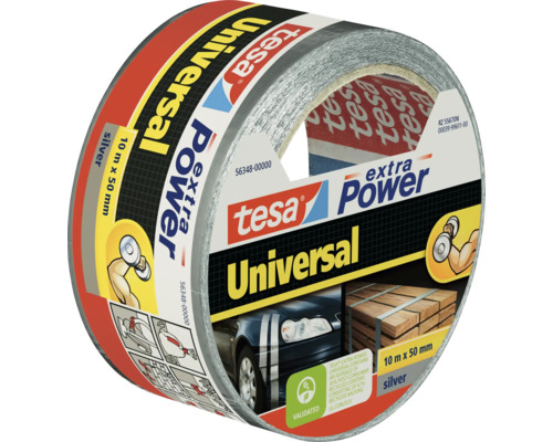 Tesa Extra Power Universal Gewebeband in silber, Rolle mit 10 Meter Länge und 50 Millimeter Breite für Reparatur und Befestigung.