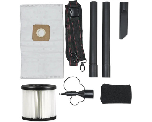 Kit d'accessoires pour aspirateur eau et poussière comprenant sac filtrant, sangle de transport, tubes d'aspiration, suceur plat et filtres