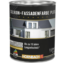 Dose Hornbach Silikon Fassadenfarbe Plus mit Langzeitschutz für Außenwände, wasserabweisend mit Abperleffekt und 1 Liter Inhalt.