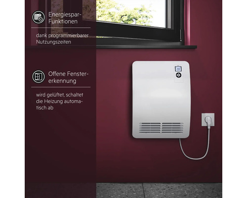 AEG Wandheizung mit digitaler Anzeige und Energiesparfunktionen sowie automatischer Offene Fenstererkennung montiert an einer Wand.