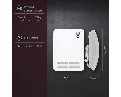 AEG Wandkonvektor mit Display und Stecker, Maße 34,5 mal 47 mal 12,6 Zentimeter, Gewicht 5,3 Kilogramm, Kabellänge 1 Meter, 230 Volt Anschluss.