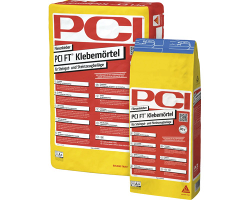 Deux sacs de mortier colle PCI FT pour carrelage en faïence et grès pour usage intérieur et extérieur.