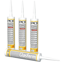 Quatre cartouches de colle hybride PCI Glasferm pour matériaux transparents chacune de 290 millilitres avec logo Sika