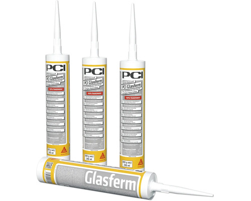 Quatre cartouches de colle hybride PCI Glasferm pour matériaux transparents chacune de 290 millilitres avec logo Sika