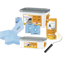 Kit d'étanchéité PCI Lastogum comprenant des seaux, bande d'étanchéité, manchettes, primaire et rouleau pour pièces humides.