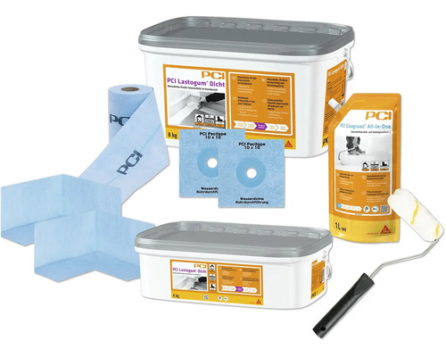 Kit d'étanchéité PCI Lastogum comprenant des seaux, bande d'étanchéité, manchettes, primaire et rouleau pour pièces humides.