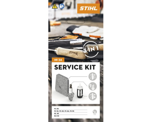 Stihl Service Kit Nummer 24 mit Luftfilter, Zündkerze und Kraftstofffilter für verschiedene Stihl Motorgeräte wie Freischneider.