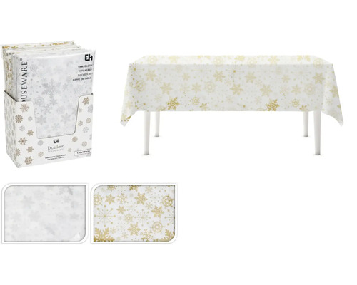 Weihnachtstischdecke mit Schneeflockenmuster in Verpackung und auf einem Tisch ausgebreitet, Größe 130 mal 180 Zentimeter.