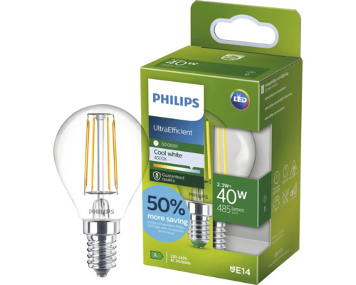 Lampe LED filament Philips forme goutte E14 2,3 Watt 485 lumens 4000 Kelvin UltraEfficient