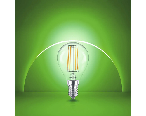 Ampoule LED à filament Philips forme goutte culot E14 en verre transparent