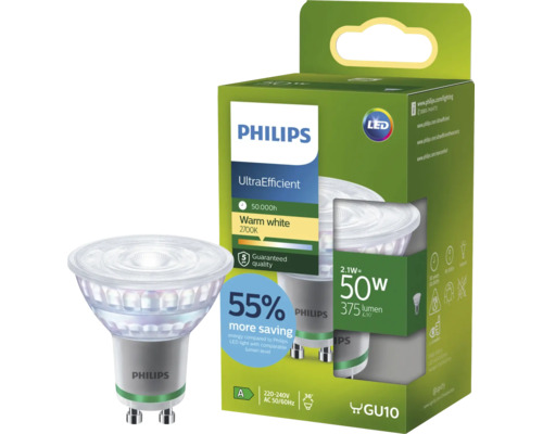 Lampe LED Philips GU10 2,1 Watt, blanc chaud 2700 Kelvin, UltraEfficient pour un éclairage économe en énergie dans l emballage.