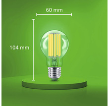 Philips LED Filament Lampe mit E27 Sockel, 60 Millimeter Durchmesser und 104 Millimeter Gesamthöhe.
