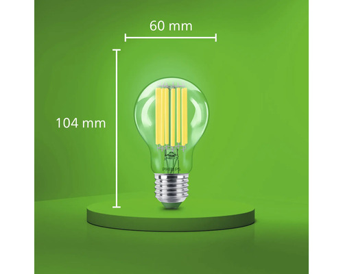 Philips LED Filament Lampe mit E27 Sockel, 60 Millimeter Durchmesser und 104 Millimeter Gesamthöhe.