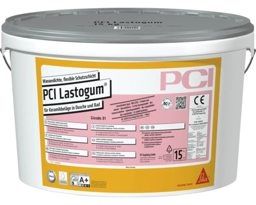 Étanchéité PCI Lastogum pour douche et salle de bain, seau de 15 kilogrammes, couche de protection imperméable et flexible pour revêtements.