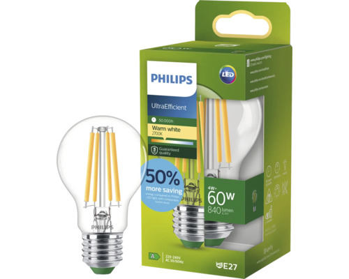 Ampoule LED Philips E27, 4 watts, 840 lumens, couleur de lumière blanc chaud 2700 Kelvin, dimmable, économe en énergie, dans l'emballage.
