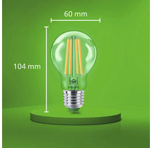 Ampoule LED à filament Philips avec culot E27, diamètre de 60 millimètres et hauteur totale de 104 millimètres.