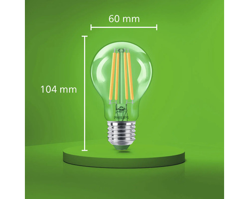 Ampoule LED à filament Philips avec culot E27, diamètre de 60 millimètres et hauteur totale de 104 millimètres.