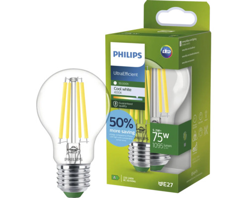 Ampoule LED à filament Philips E27, 5,2 watts équivalent à 75 watts, 1095 lumens, 4000 Kelvin, blanc froid, éclairage efficace