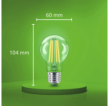 Ampoule LED filament Philips avec un diamètre de 60 millimètres et une hauteur totale de 104 millimètres.
