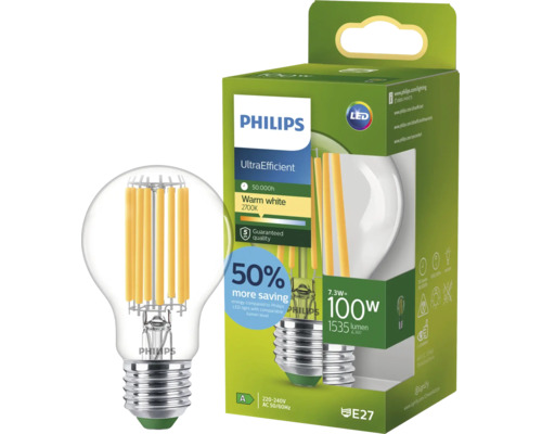 Philips LED Lampe E27, 7,3 Watt entspricht 100 Watt, warmweiß 2700 Kelvin, 1535 Lumen, UltraEfficient mit 50.000 Stunden Lebensdauer.