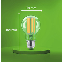 Philips LED Filament Lampe mit E27 Sockel, 60 Millimeter Durchmesser und 104 Millimeter Gesamthöhe.