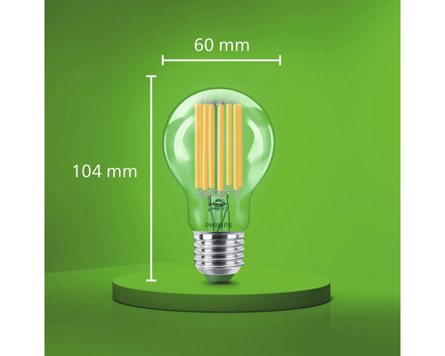 Philips LED Filament Lampe mit E27 Sockel, 60 Millimeter Durchmesser und 104 Millimeter Gesamthöhe.