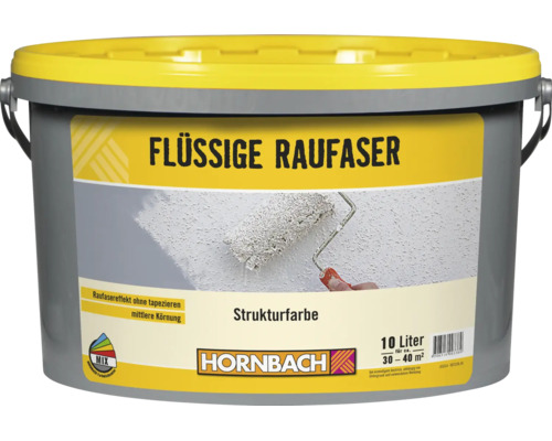 Un seau de peinture structurante liquide Hornbach Raufaser de dix litres pour une portée d'environ trente à quarante mètres carrés.