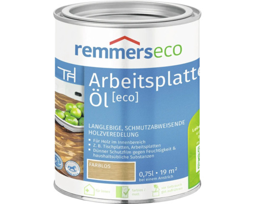 Huile pour plan de travail Remmers eco incolore, bidon de 0,75 litre pour l entretien des surfaces en bois en intérieur.