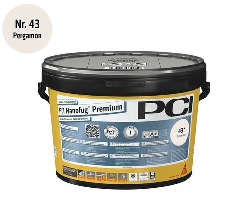Mortier de jointoiement flexible PCI Nanofug Premium couleur Pergamon pour carrelages et pierres naturelles en seau.