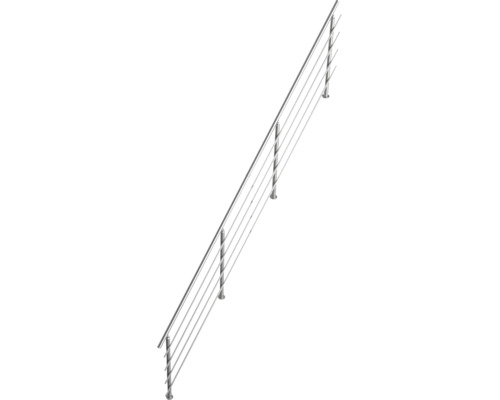 Garde-corps en acier inoxydable pour escaliers avec poteaux verticaux et barres horizontales.