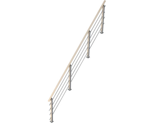 Une rampe d'escalier inclinée avec une main courante en bois, des poteaux verticaux et des barres horizontales en métal.