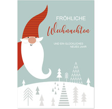 Weihnachtskarte mit illustriertem Weihnachtswichtel und stilisierter Winterlandschaft sowie Text Fröhliche Weihnachten und ein glückliches neues Jahr