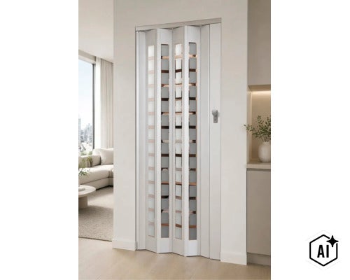 Porte pliante en plastique blanc avec inserts en verre installée dans un salon moderne. (Image AI modified or generated)