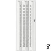 Weiße Kunststoff Falttür mit Glaseinsätzen und Türgriff zur platzsparenden Raumtrennung (Image AI modified or generated)