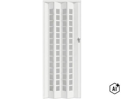 Weiße Kunststoff Falttür mit Glaseinsätzen und Türgriff zur platzsparenden Raumtrennung (Image AI modified or generated)